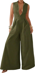 Women's Summer Zipper Front Mock Neck Wide Leg Elegant Jumpsuit