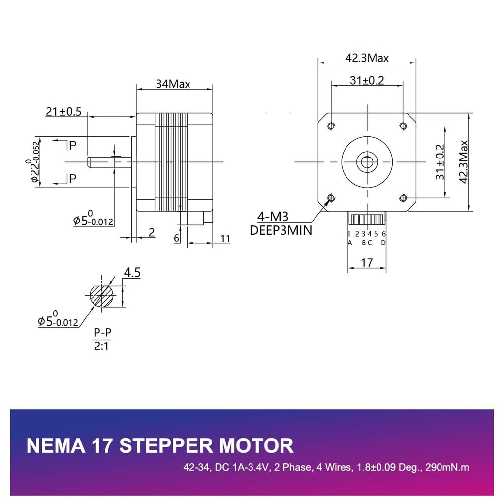 SIMAX3D 42 Stepper Motor 34mm high 1.8° Torque 15Ncm (22.3oz.in) Low Noise 2-Phrase Universal Electric DC 1.3A Motor with 1M Cable for 3D Printer CNC Laser Machine