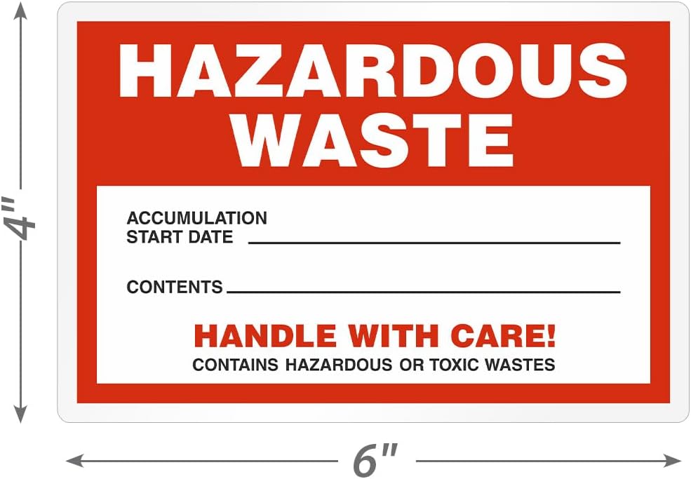 Pack of 100 Hazardous Waste Accumulation Handle with Care Warning Labels in a Roll | 6" x 4" Plastic