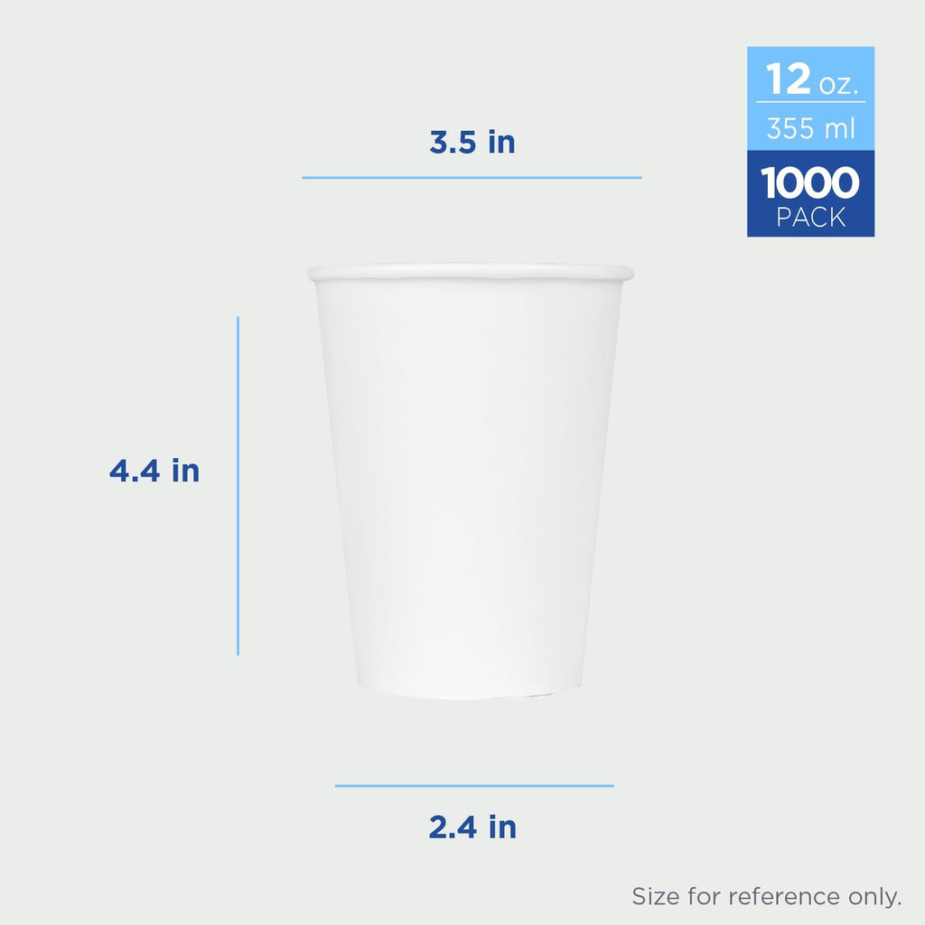 12 oz Paper Coffee Cup [1,000 ct] White Disposable Cup for Hot/ Cold Drinks and Beverages | 3.54" Diameter (C-K512W)