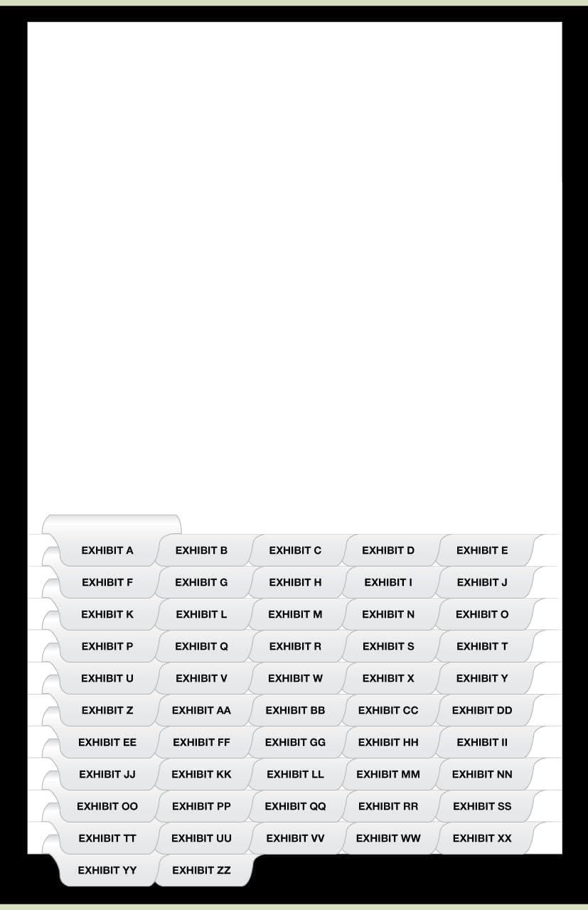 Bottom Exhibit Dividers- Exhibit A-Exhibit ZZ - AVE Style Bold Tabs - Bottom Collated Exhibit Tabs - Made in The USA