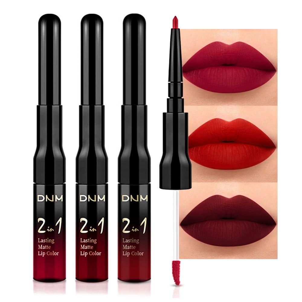 3Pcs Ruby Bright Dark Deep Red Lip Stain Lipstick with Lip Liner, Burgundy Red Matte Lip Liner and Liquid Lipstick