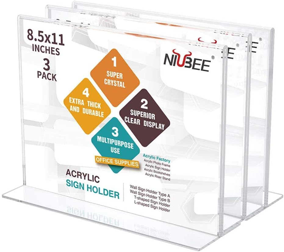 Acrylic Sign Holder 8.5 x 11 Horizontal T-Shape Flyer Stand 3 Pack | Double Sided Clear Frame, Landscape Display