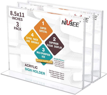 Acrylic Sign Holder 8.5 x 11 Horizontal T-Shape Flyer Stand 3 Pack | Double Sided Clear Frame, Landscape Display