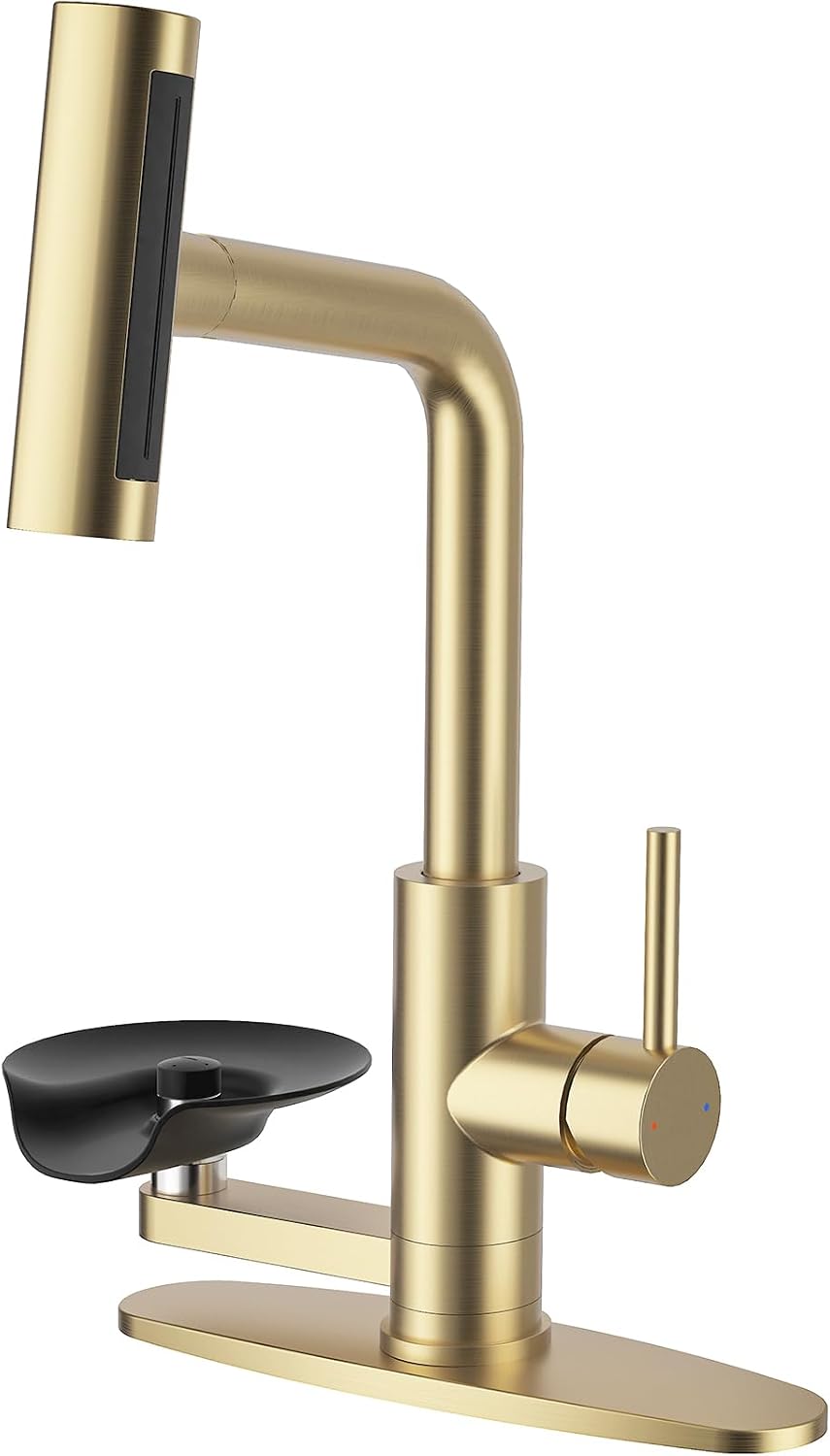 Brushed Gold Kitchen Faucet with Pull Down Sprayer & Cup Washer
