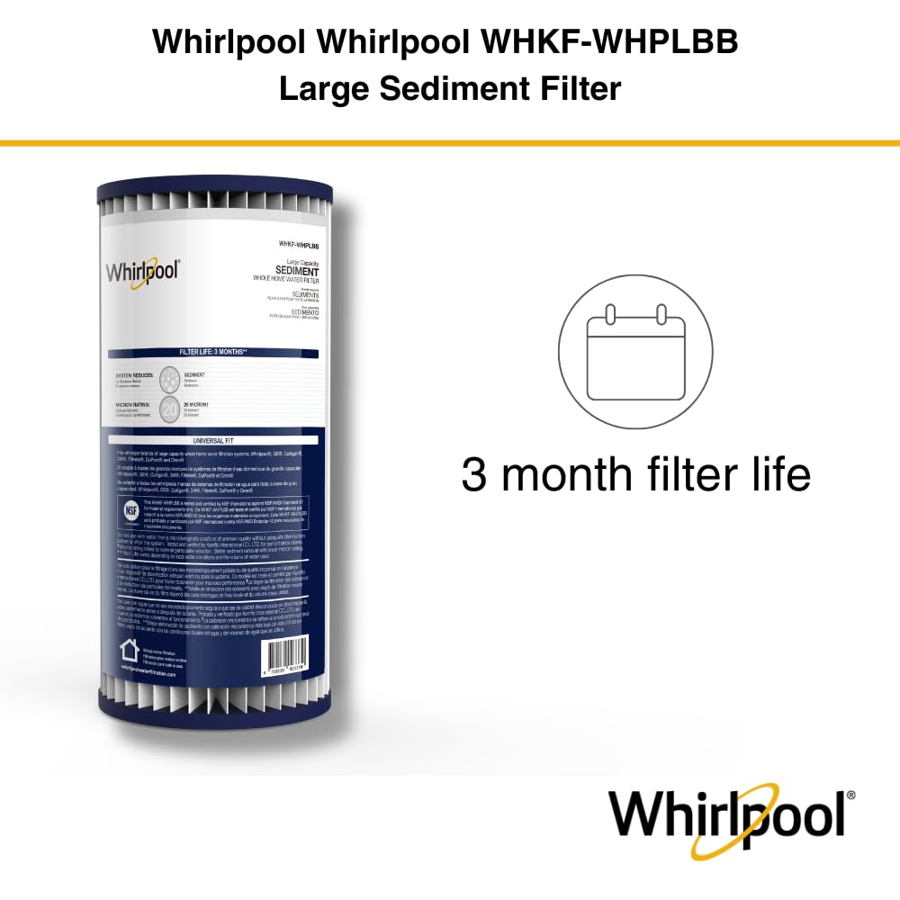 Whirlpool WHKF-WHPLBB Whole House Large Capacity Pleated Sediment Filter, Upgraded 20 Micron Reduces Sand, Soil, Silt