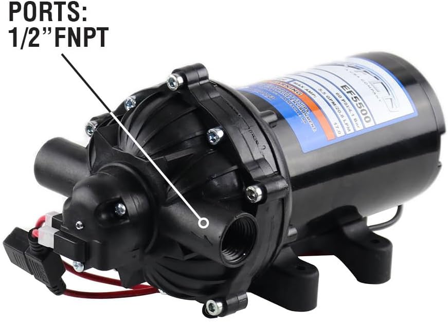 Everflo EF5500-BOX 5.5GPM 12V Diaphragm Pump-1/2 FNPT Connection, 5.5 GPM, Black
