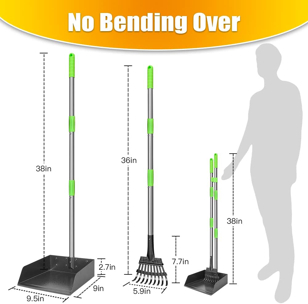 Metal Pooper Scooper for Dogs Heavy Duty Long Handle Rake & XL Tray