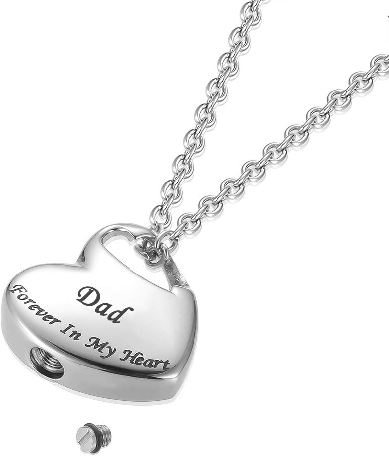 Cremation Urn Necklace for Ashes Urn Jewelry,Forever in My Heart Carved Stainless Steel Keepsake Waterproof Memorial