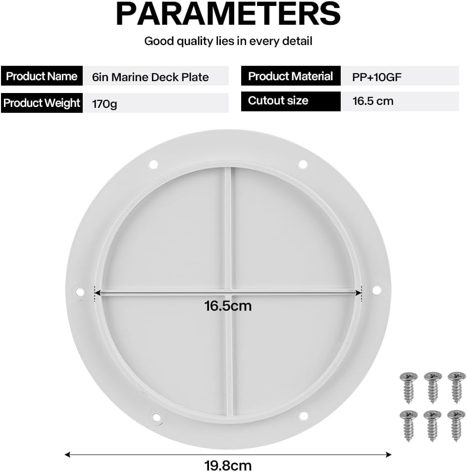 6 Inch Marine Deck Plate, Round Access Cover with Screws, White