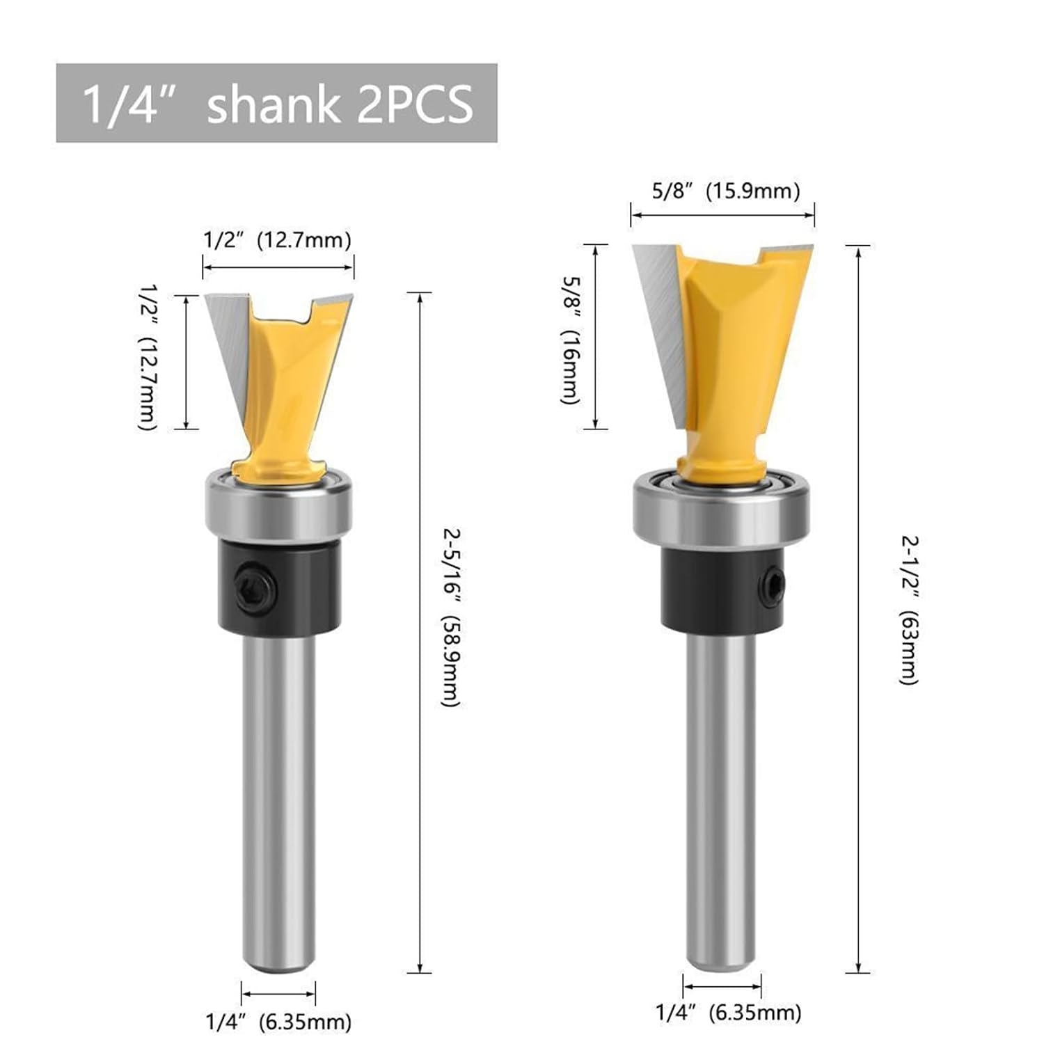 Router Bits Router Templates Dovetail Jig Dovetail Router Bits | 2 Pieces with Bearing, 1/4" Shank, 1/2" & 5/8"