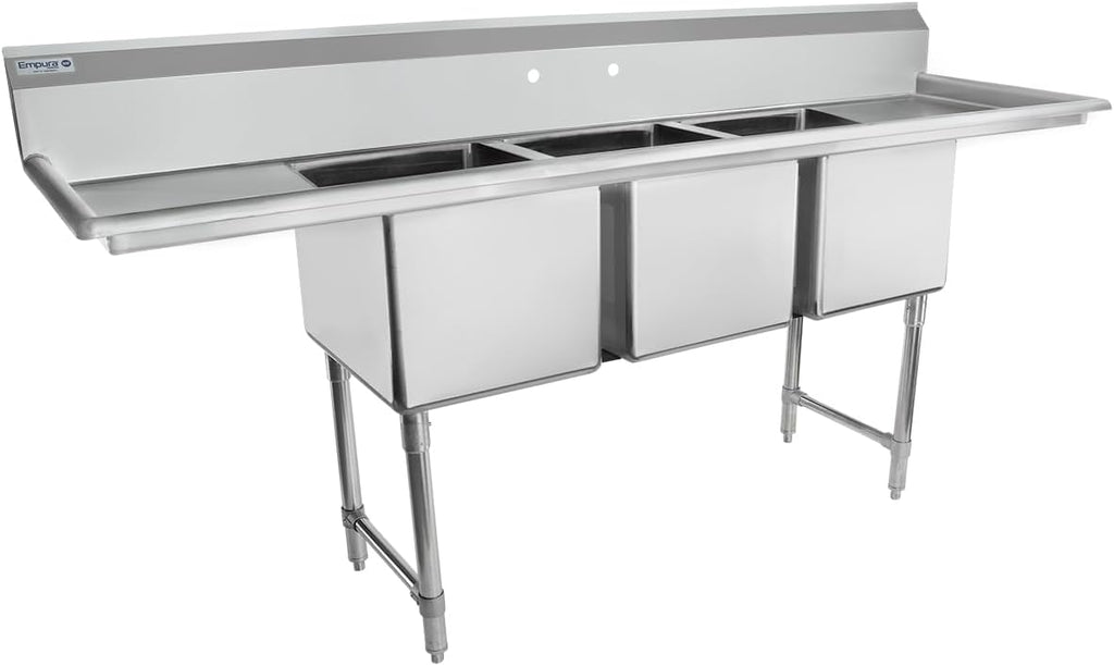 88" Wide Stainless Steel Three Compartment Commercial Sink | Prep Utility 16" x 20" Bowl for Restaurant Laundry | (2)
