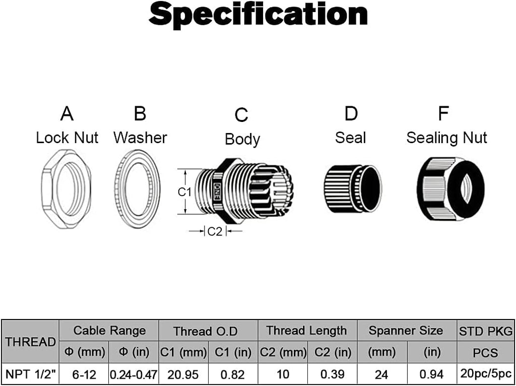 5 Pack NPT 1/2" Cable Glands Waterproof Adjustable 6-12mm Cable Connectors Grey Nylon Joints with Gaskets