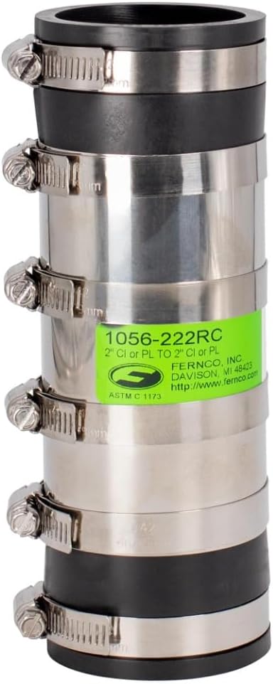 Fernco 2-inch XL Flexible Pipe Coupling Connector Fitting with Stainless Shield, Below Ground Plastic, Cast Iron, Steel