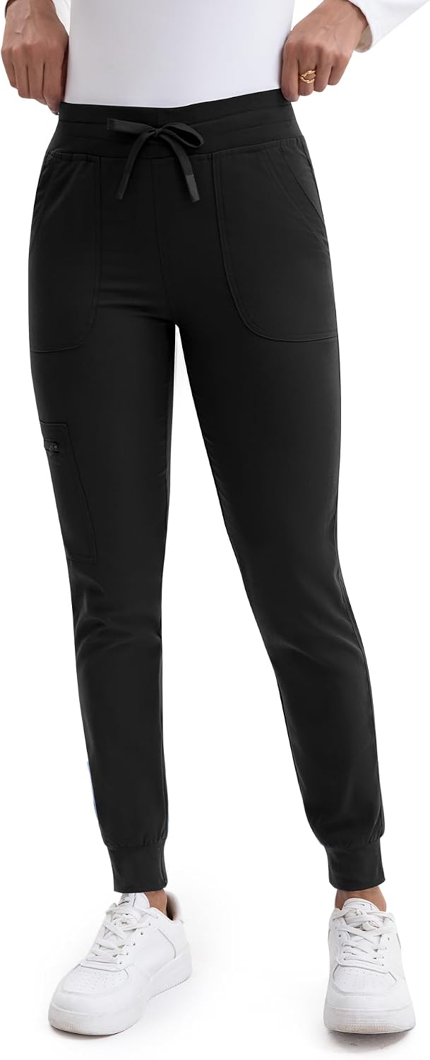 Scrub Pants for Women- Slim Fit Jogger Pants with 5 Pockets, 4-Way Stretch Soft Fabric Cargo Work Pant Black