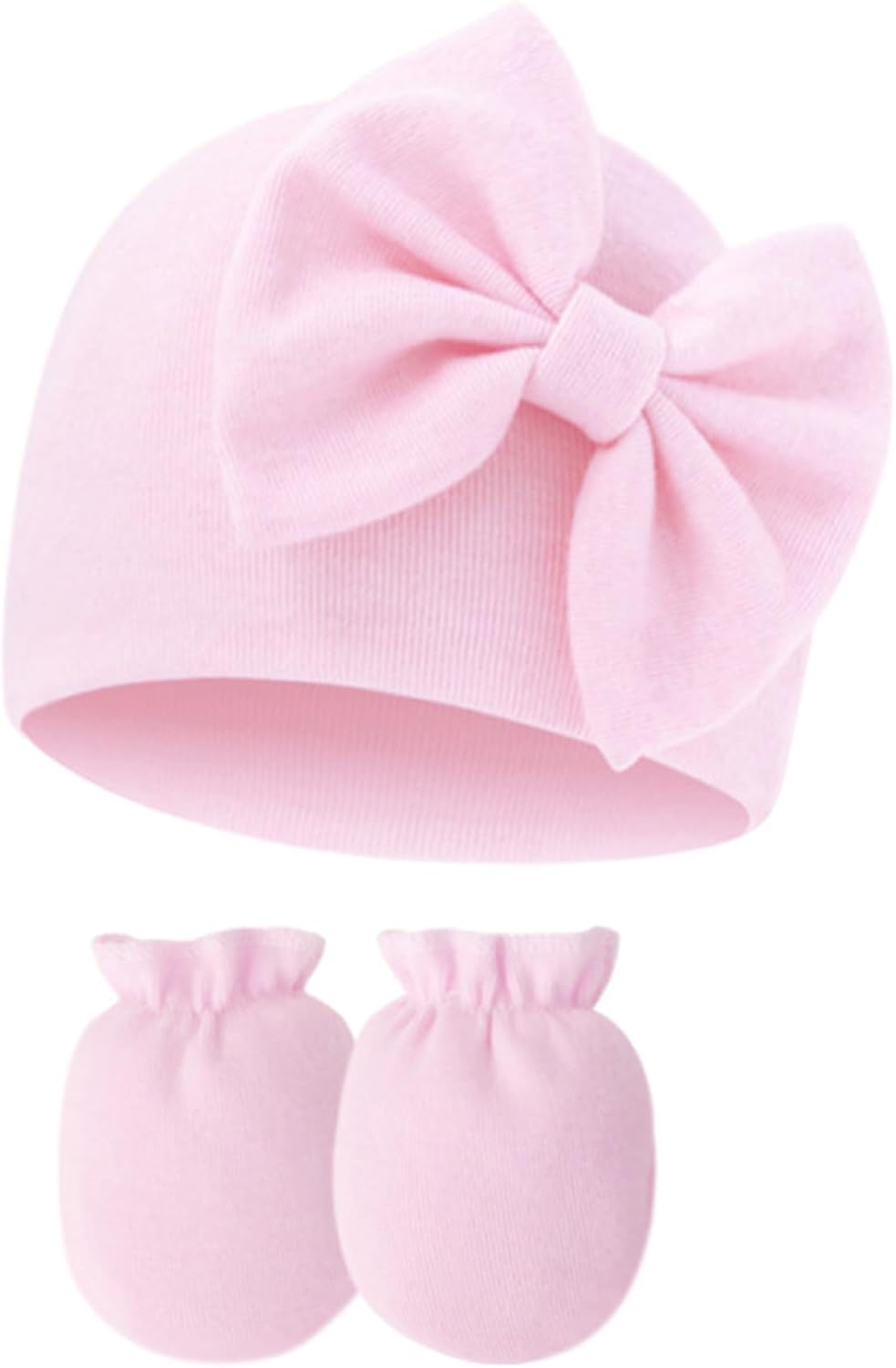 Newborn Beanies Cap No Scratch Mittens Set 0-6 Months Infant Bow Caps Baby Girls Boys Cute Nursery Headbands Hats