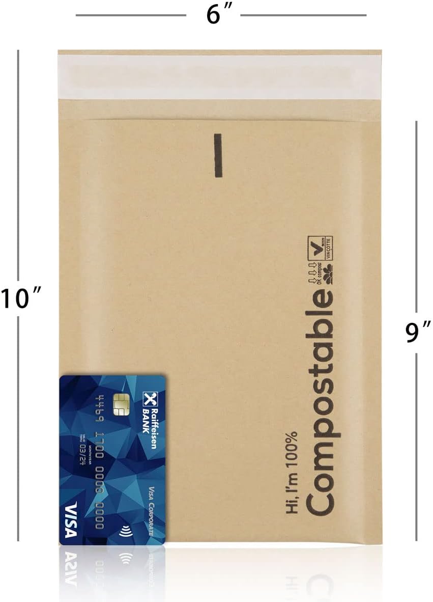 6x10 100% Biodegradable Bubble Mailers,25 Count Kraft Brown #0 Compostable Padded Packaging Wrap Envelopes Pouches