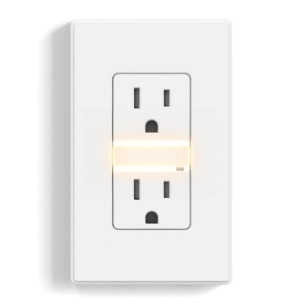Self-Grounding Tamper-Resistant Wall Outlet with 3000K LED Night Light and Weatherproof Cover, White, 1 Pack