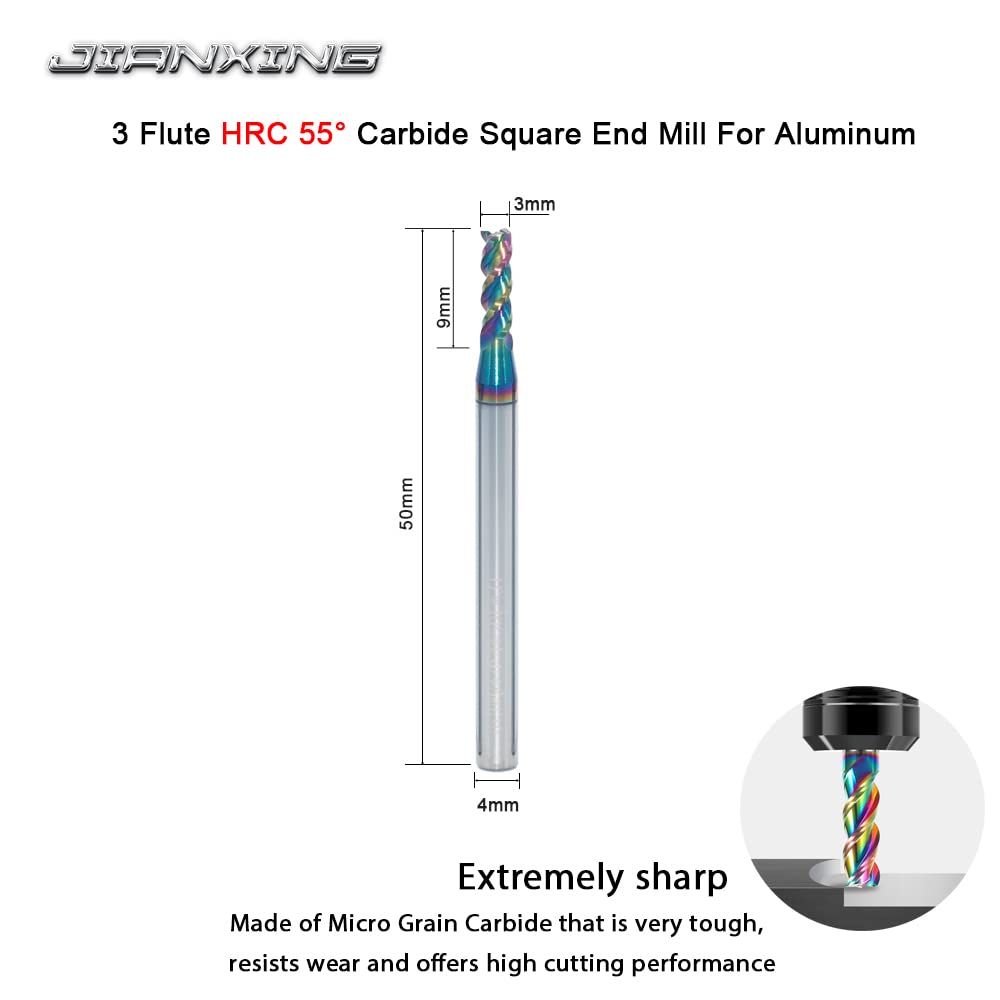 3mm Carbide Square End Mill, 3-Flute, DLC Coating, 3 Pcs