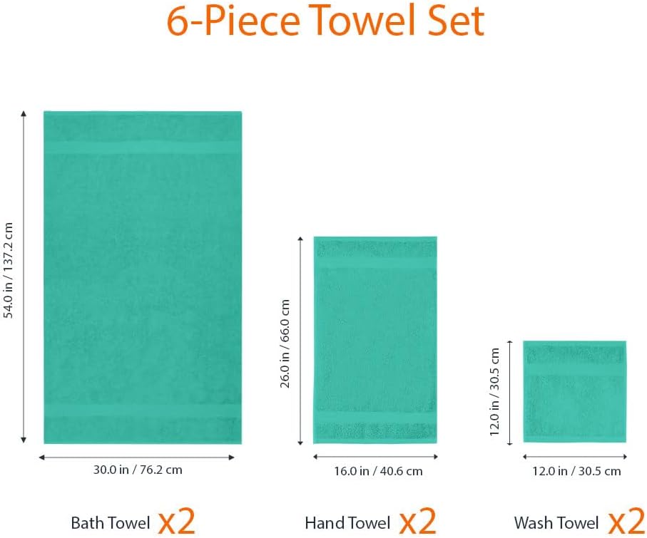 6-Piece Oversized Fade-Resistant Towel Set, 100% Cotton, Highly Absorbent, Soft, Teal, 2 Bath Towels, 2 Hand Towels