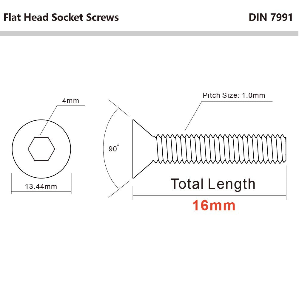 M6-1.0 x 16mm Flat Head Socket Cap Screws, Stainless Steel 18-8 (304), Bright Finish, DIN 7991, Allen Socket Drive, 25 PCS