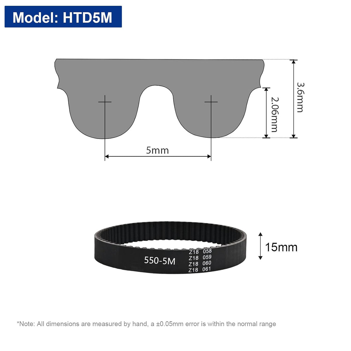 2pcs HTD-5M Rubber Timing Belt 110 Teeth,Closed Loop Rubber Timing Belt,550mm L×15mm W×3.6mm H,5mm Pitch,Suitable for Medium-Sized Heavy-Duty Automation Equipment