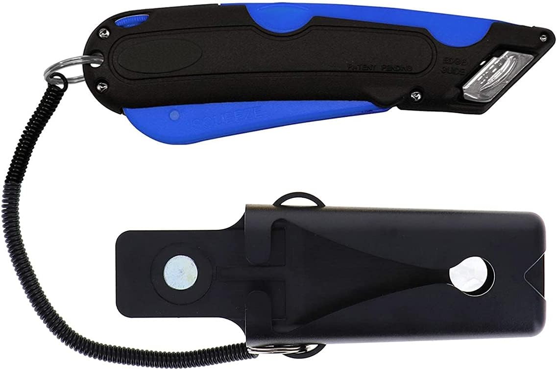 EZ-1000 Safety Box Cutter Utility Knife, 3 Blade Depth Setting, Squeeze Trigger and Dual Side Edge Guide, 2 Blades