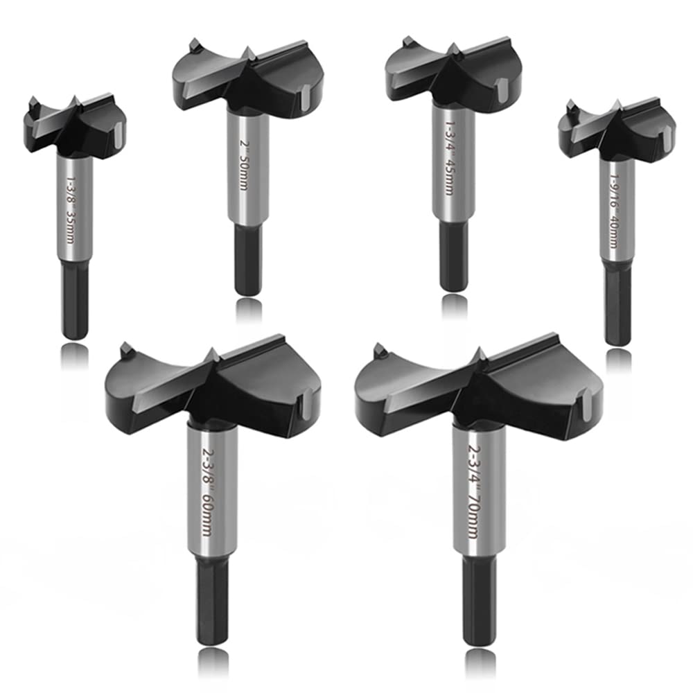 6PCS Large Size Forstner Bit set, 1-3/8Inch to 2-3/4Inch Carbide Tipped Forstner Drill Bit for Hard Wood, Wood
