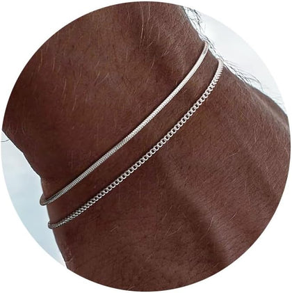 Silver Bracelets for Men, Stackable Fashion Cuban Snake Chain Set | Stainless Steel Jewelry, Tarnish Resistant
