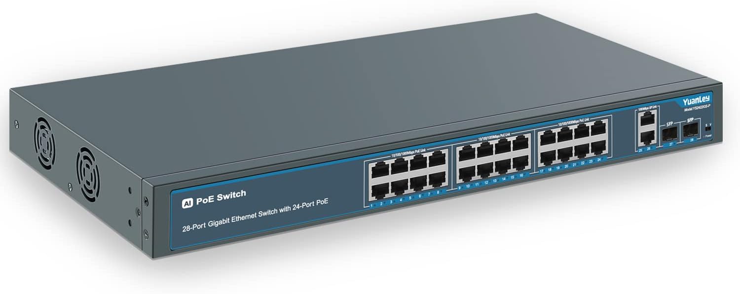 24 Port Gigabit Ethernet PoE Switch with 2 Uplink Gigabit Port & 2 SFP Port, YuanLey Unmanaged 24 Port PoE+ Network