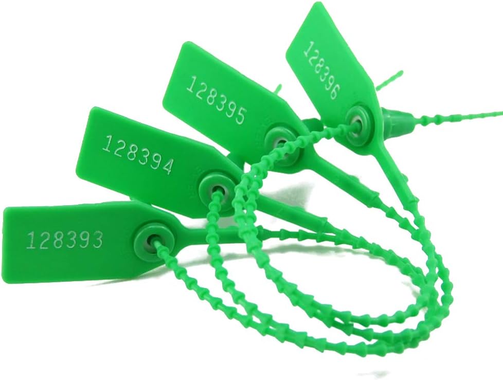 (R) 1000 Green Numbered Security Tags Plastic Tamper Proof Seals, Zip Ties for Fire Extinguishers Pull-Tite