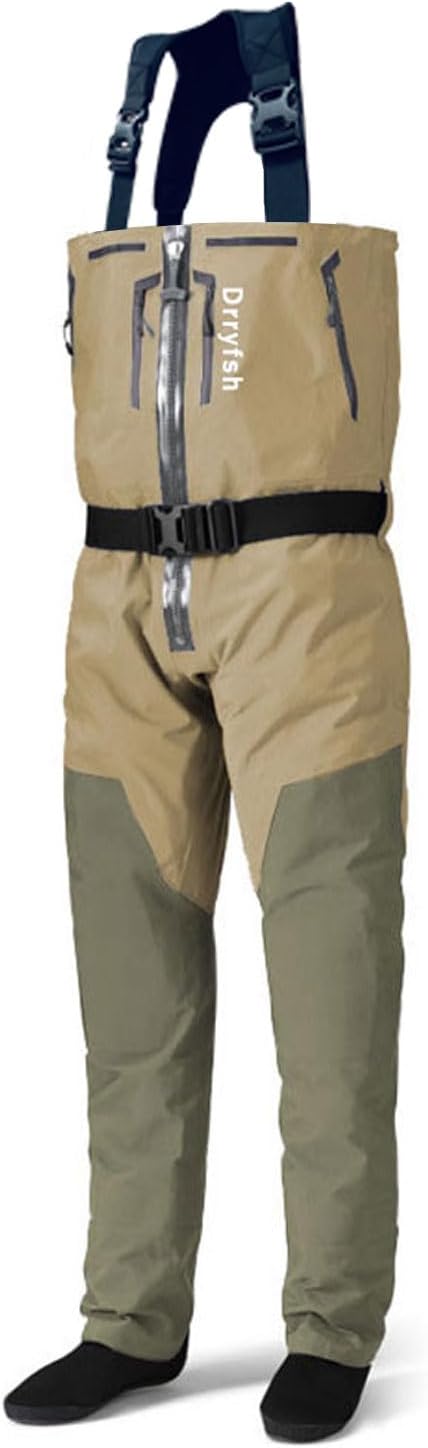 Front Zippered Breathable Chest Waders with Neoprene Suspenders for Men