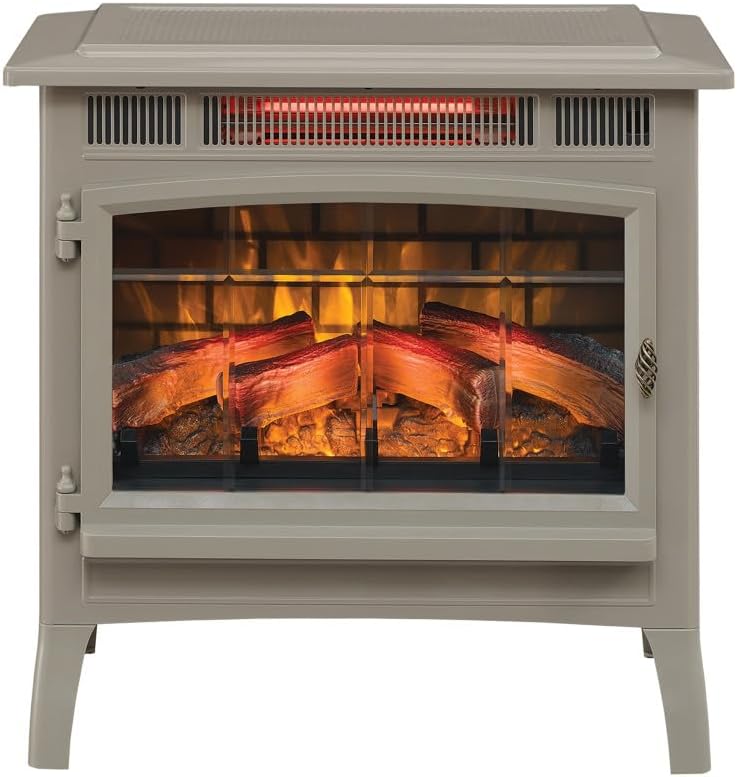 Freestanding Electric Fireplace Stove Heater with 3D Flame Effect for 1,000 Sq. Ft. Room, French Gray