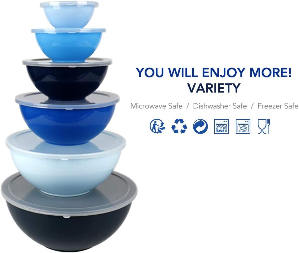 BPA Free Plastic Round Mixing Bowl with Lids, 12 Pack Nesting Bowls with Lids Set, Microwave and Dishwasher Safe Prep