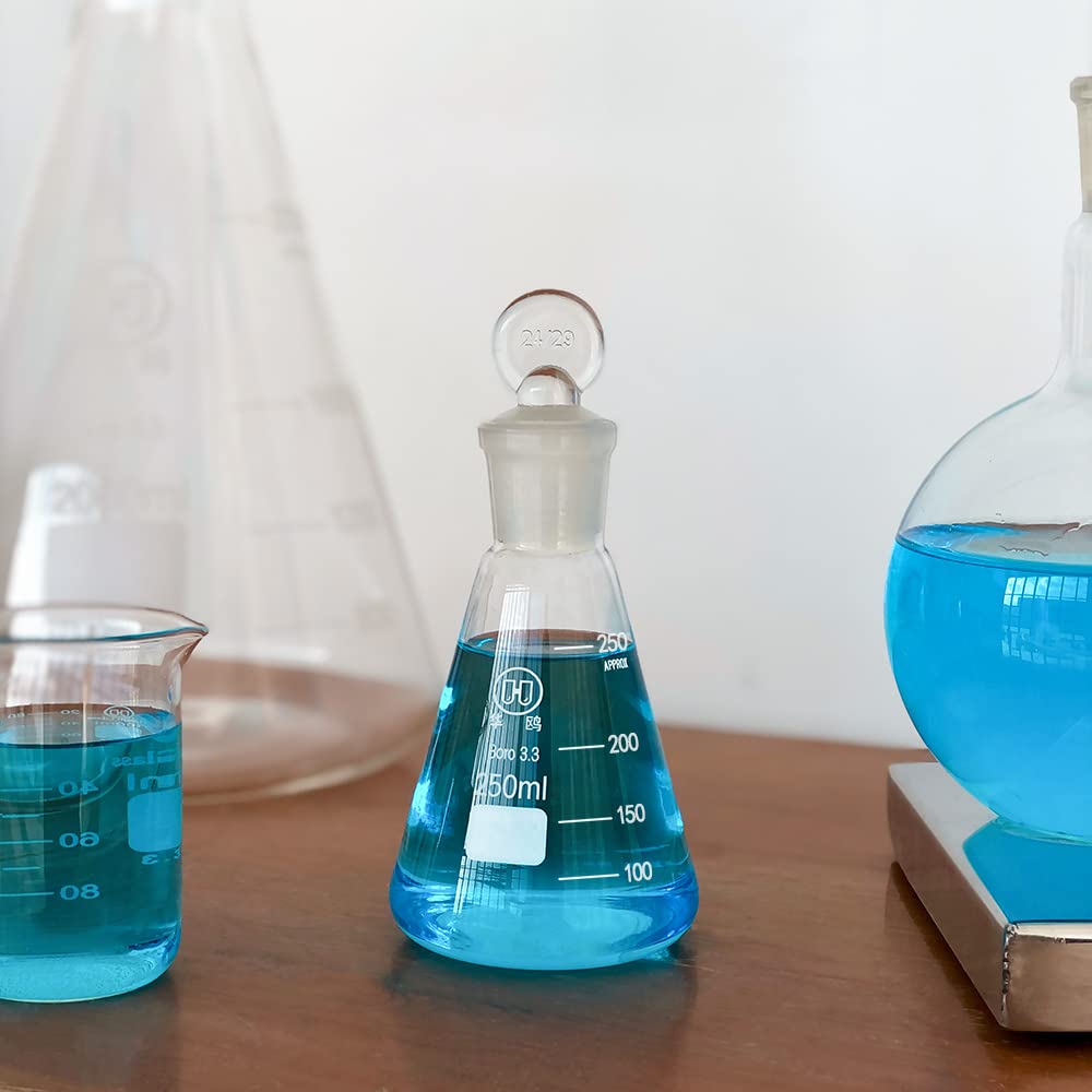 250ml Glass Erlenmeyer Flask Set, 3pcs Laboratory Glassware Flask with Glass Stopper for Chemistry Classroom Home