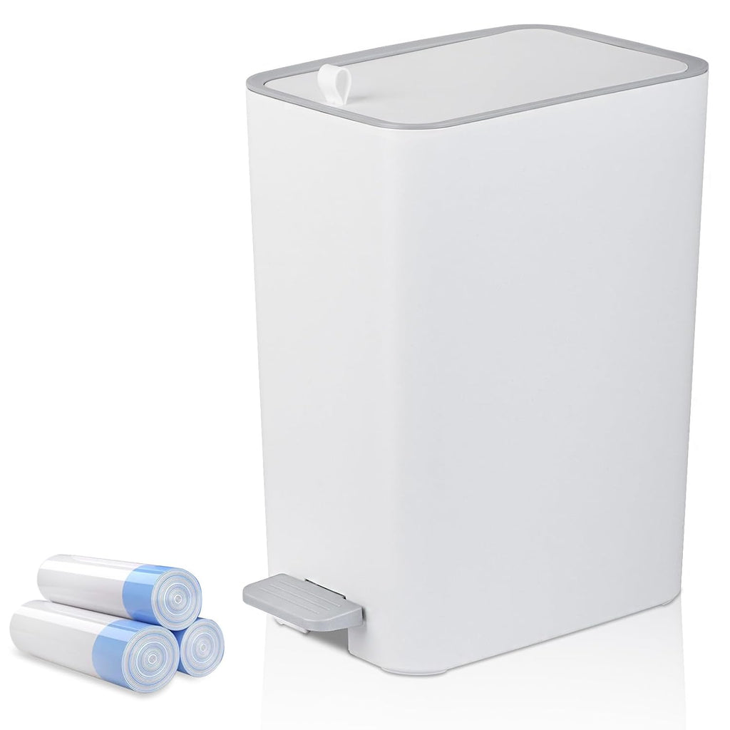 Small Bathroom Trash Can with Lid, 2.1 Gallon Slim Step Trash Can, White | Mini Garbage Can with Handle for Bedroom