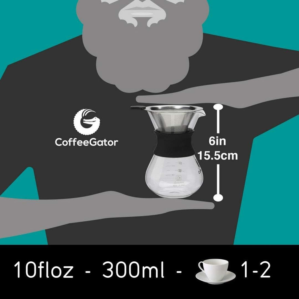 Pour Over Coffee Maker Portable - 10.5oz High Heat Borosilicate Glass w/Reusable Stainless Steel Filter, Drip Coffee