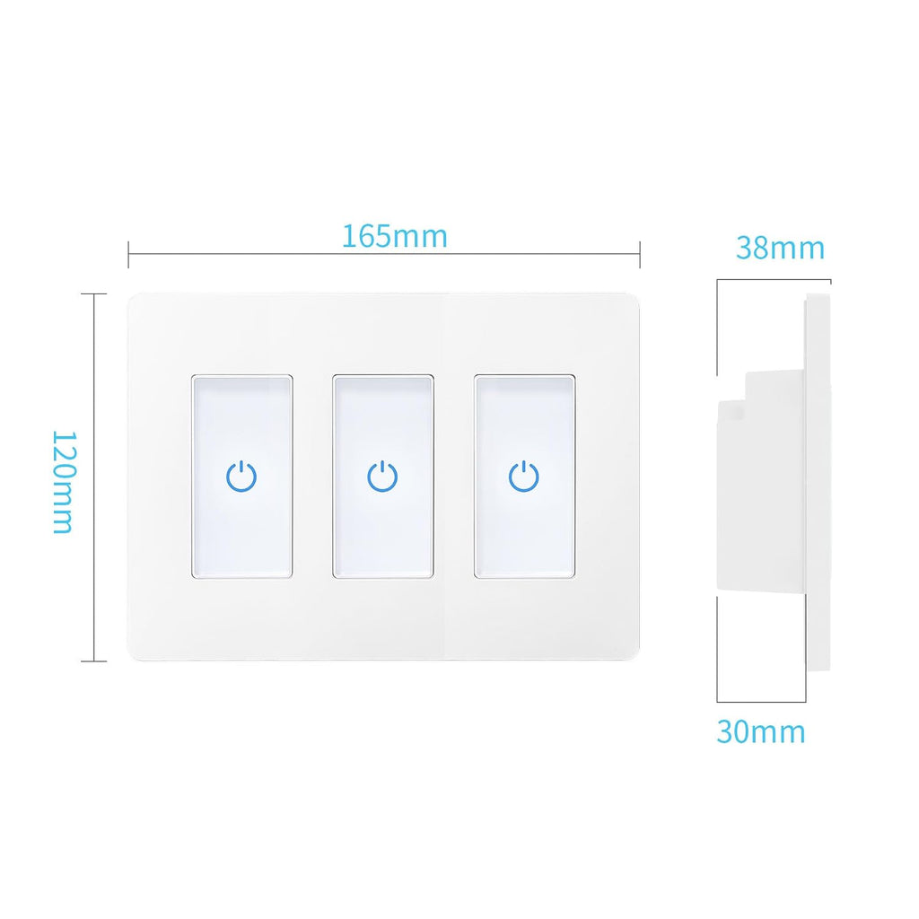Touch Smart Switch 3 Gang, WiFi Light Switch Compatible With Alexa and Assistant, Neutral Wire Needed, No Hub