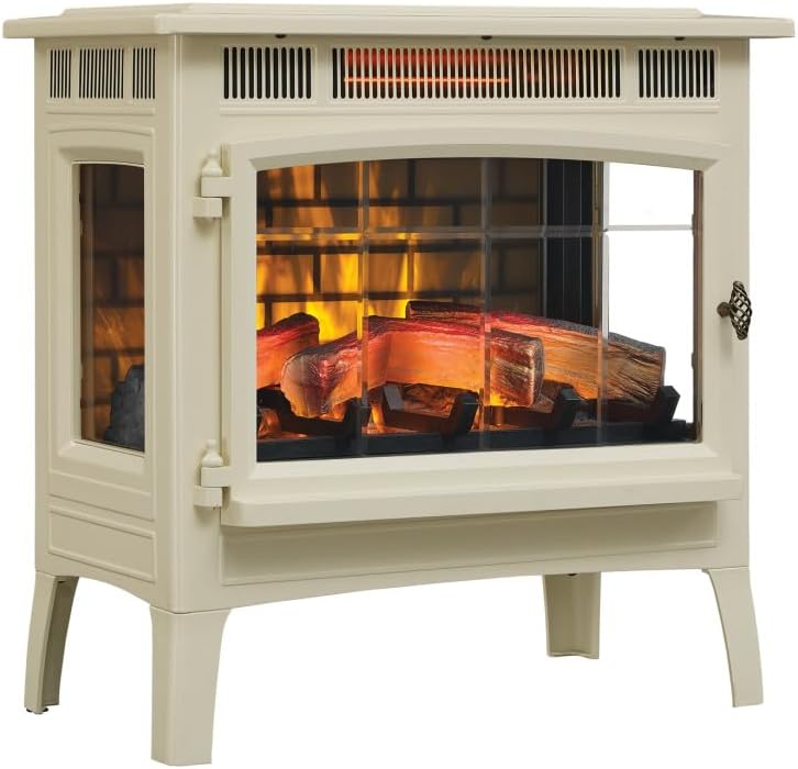 Freestanding Electric Fireplace Stove Heater with 3D Flame Effect for 1,000 Sq. Ft. Room, Cream