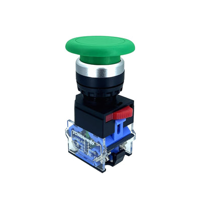 22mm Green Mushroom Head Momentary Push Button Switch, 1NO 1NC Silver Contact 10A Self-Reset Start Stop Button for Industrial Automation Control Panels