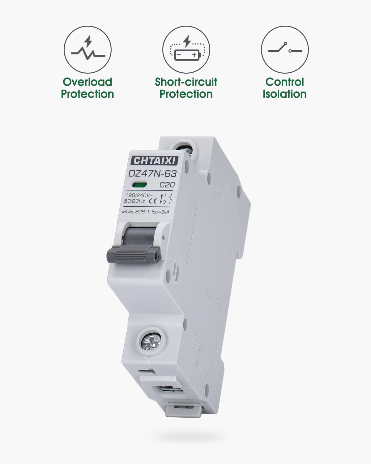 AC Miniature Circuit Breaker, 20 Amp 120V/240V 1 Pole | DIN Rail Mount, Thermal Magnetic Trip, Solar AC Disconnect