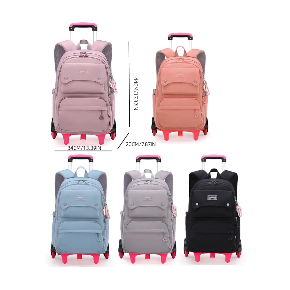 Solid Color Girls Rolling Backpack with Wheels Schoolbag Elementary School Student Trolley Daypack