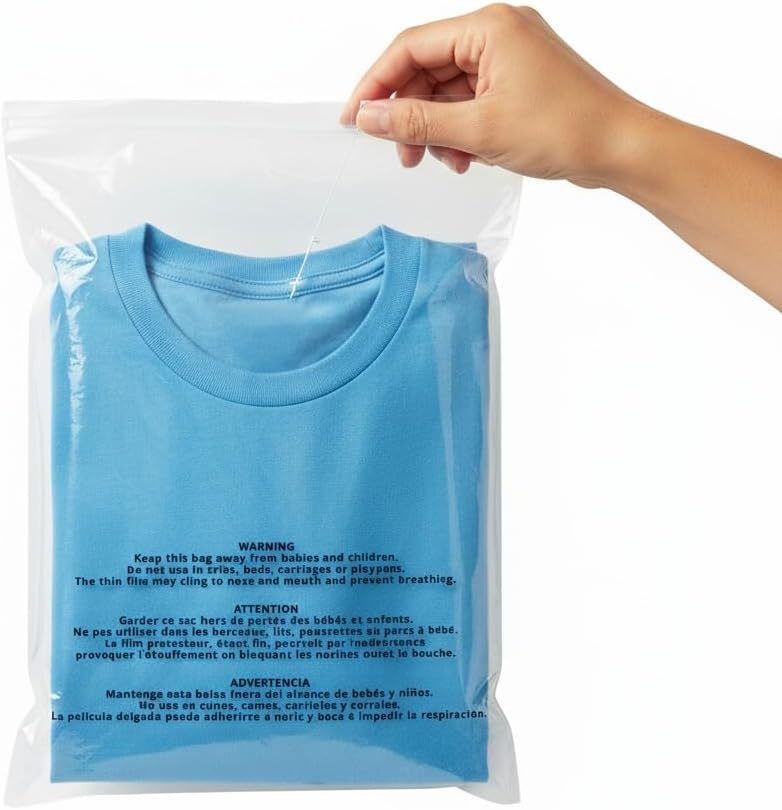 10" X 13" Self-Seal Clear Poly Bags with Suffocation Warning | Packaging, T-Shirts, Shipping | Permanent Adhesive