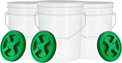 5 Gallon Made in USA Pail Food Grade Plastic Bucket with Screw on Air Tight Double Gasket Lid, (Pack of 3) (White