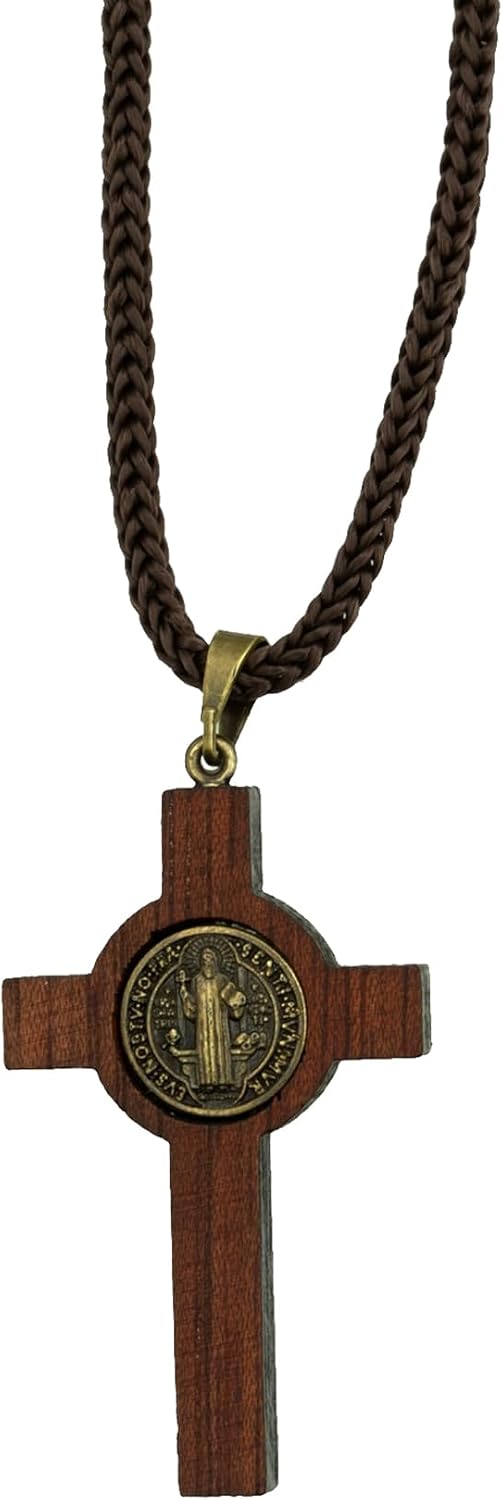 Saint Benedict Medal Wood Crucifix Cord Necklace for Men & Women – Handcrafted Religious Pendant, Healing, Travel