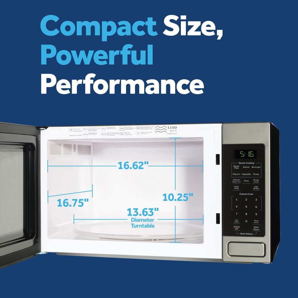 Countertop Microwave Oven, 1150 Watt, 1.6 Cu. Ft., Stainless Steel | 8 Convenience Cook Settings, One-Touch Controls