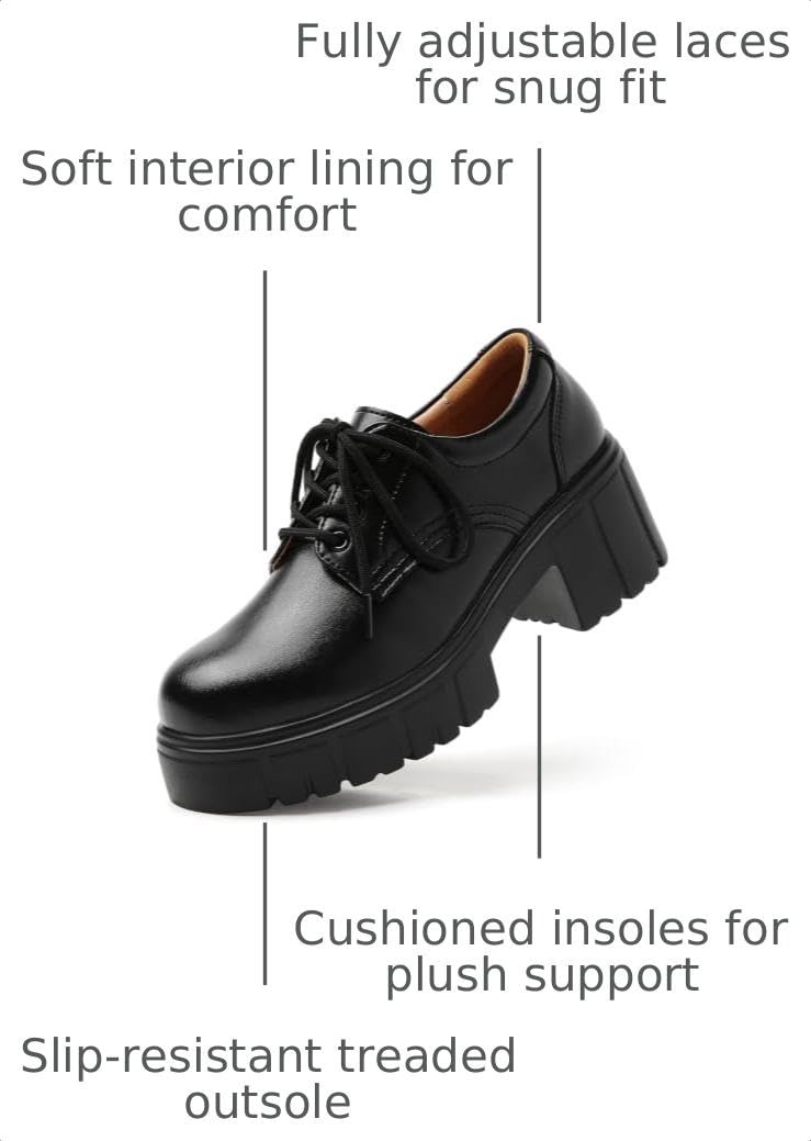 Platform Oxfords for Women Chunky Heel Lace-Up Black Leather Dress Shoes