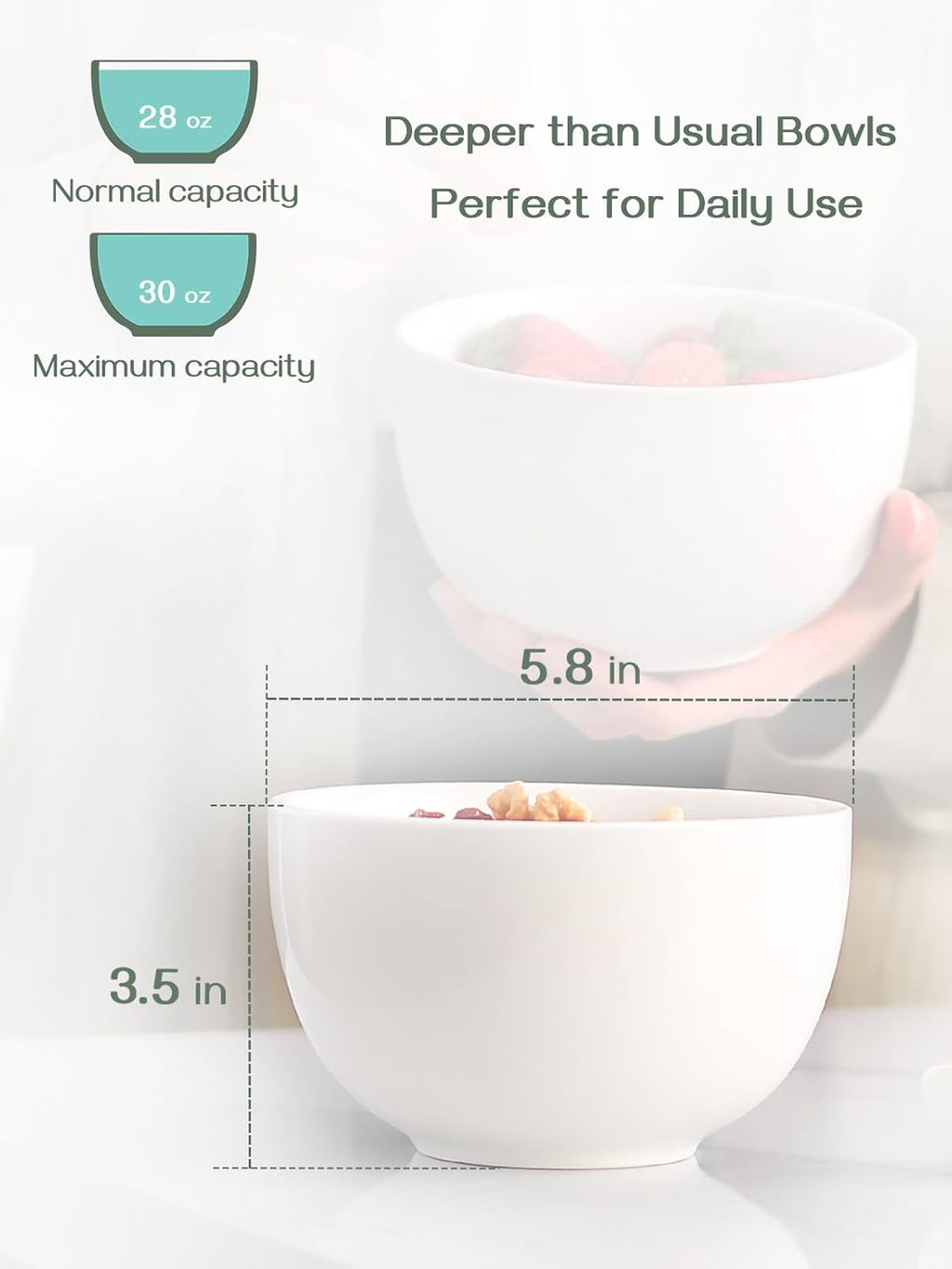 Deep Bowls, 30oz Large Soup Bowls, Ceramic Cereal Bowls Set of 4