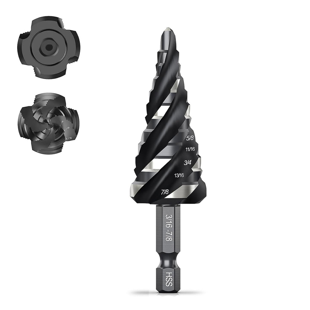THINKWORK Four Spiral Flute Step Drill Bit, HSS Step Drill Bit3/16-7/8 (12 Steps) Unibit Step Drill Bit, 1/4" Shank Step Bits for Aluminum, Wood, Plastic, Metal