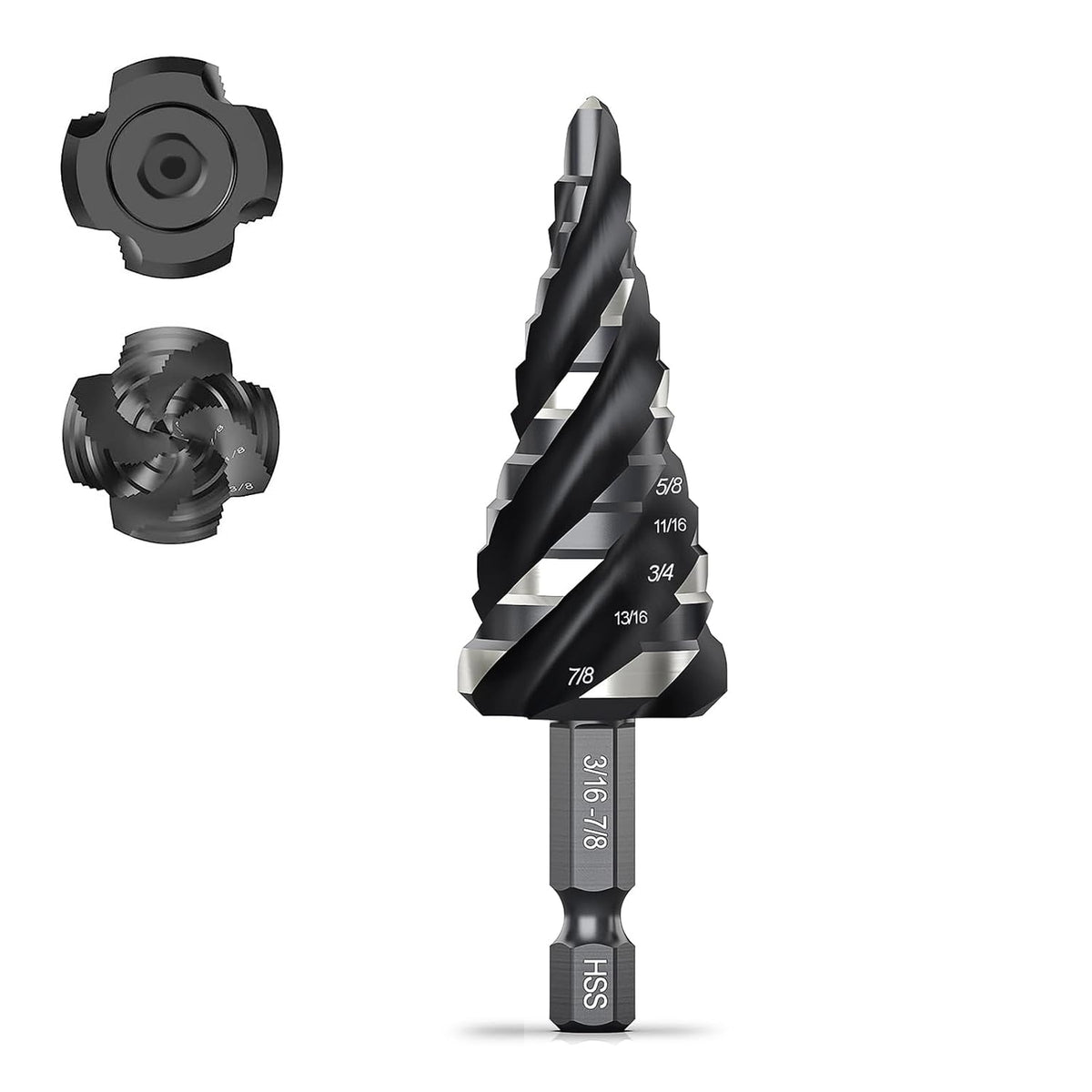 THINKWORK Four Spiral Flute Step Drill Bit, HSS Step Drill Bit3/16-7/8 (12 Steps) Unibit Step Drill Bit, 1/4" Shank Step Bits for Aluminum, Wood, Plastic, Metal